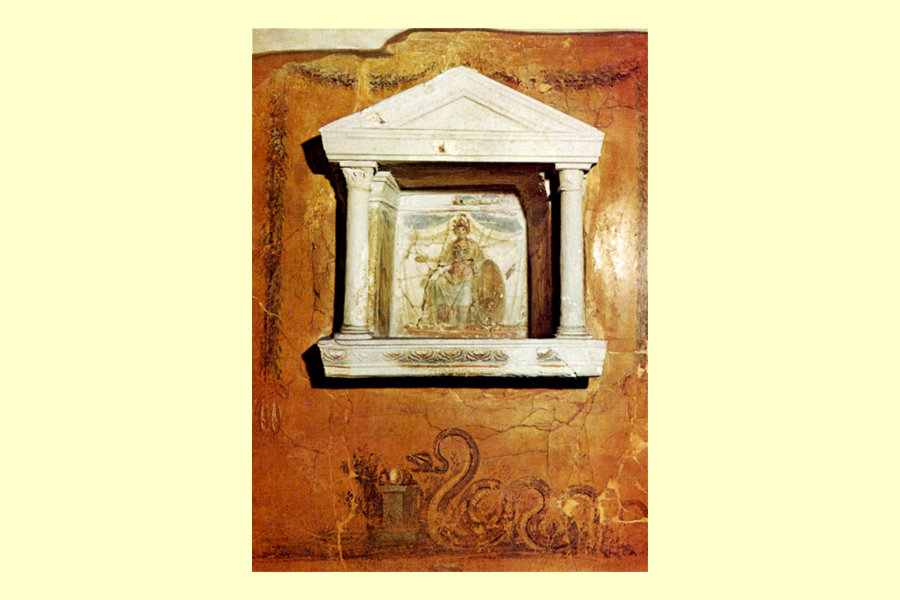 Dea Minerva in trono, Larario: Antiquarium, Castellammare di Stabia (NA), Edicola di stucco, I sec. d. c. foto 1
